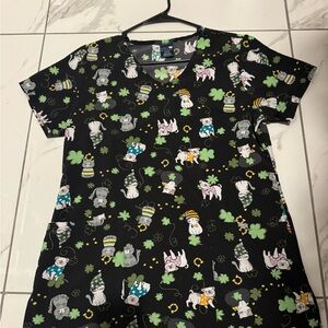 Women's Black Cat Print Scrub Top
